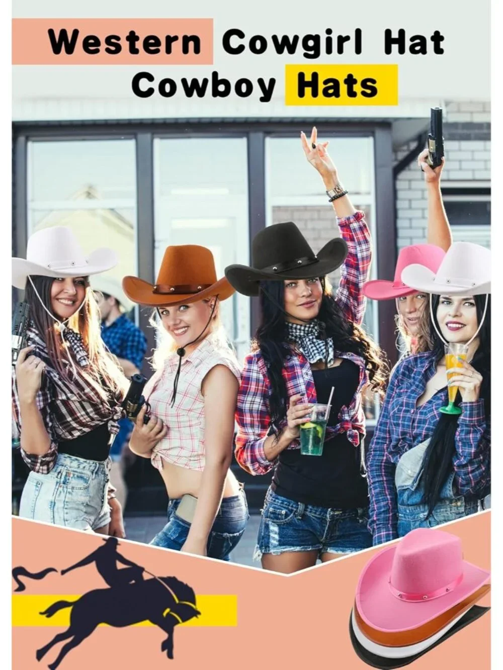 Men's brown pink Felt Western Adult Dress up Costume Cowboy Hat 4 Pack